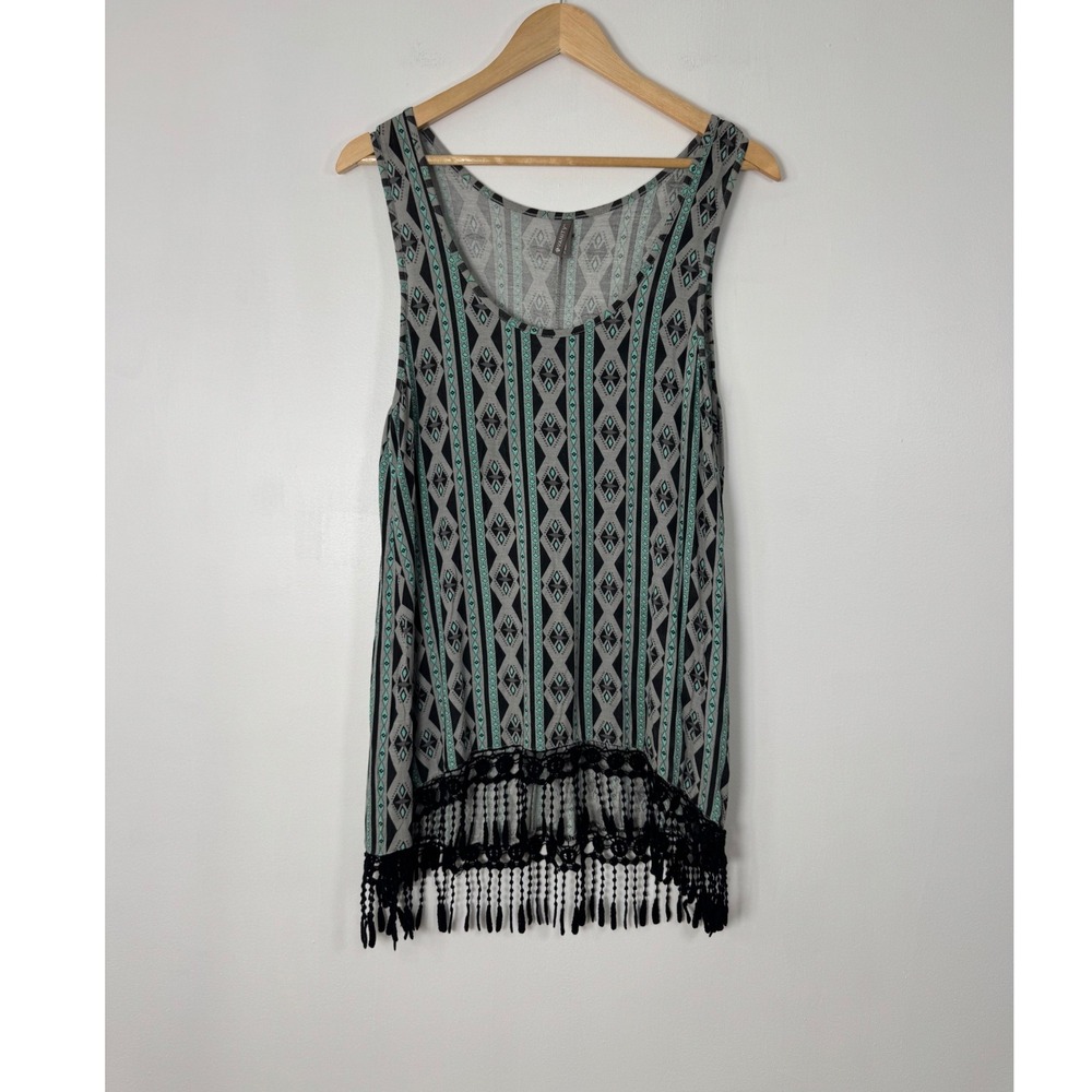 Boho Vanity Women LG Tank Top Gray‎ Teal Geometric Crochet Fringe Hem Sleeveless